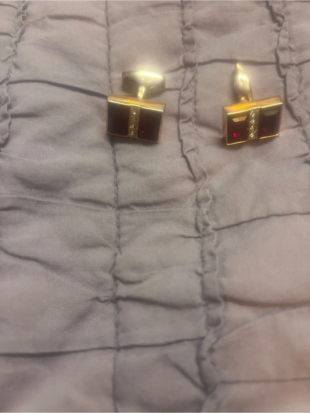 Gold-Tone Cufflinks with Deep Red Inset and Crystal Detail